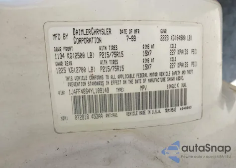 2000 Jeep Cherokee Sport z USA, uszkodzony, nr VIN 1J4FF48S4YL109149